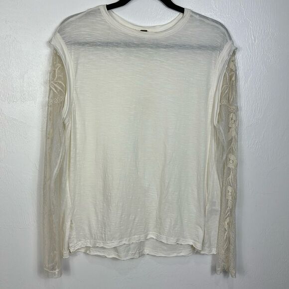 Free People Boho Lace Sleeves Cotton Blend Top In Off White Size S - Picture 1 of 8